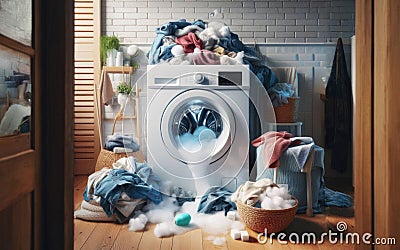 Soap coming out from broken washing machine. Broken laundry washer with foam Stock Photo