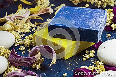 Soap and dry flowers and rocks, aroma and body care therapy Stock Photo