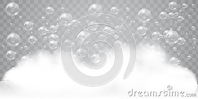 Soap foam with realistic bubbles background for your design. Bath laundry detergent or shampoo concept. Vector Vector Illustration