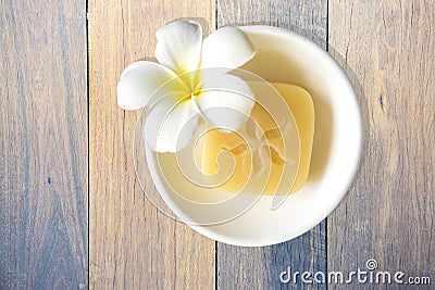 Soap and frangipani flower Stock Photo