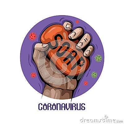 Soap in hands and coronavirus bacterias around. Wash hands to avoid infection and illness, virus biohazard. Soap Vector Illustration