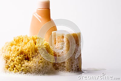Soap, natural sponge and shower gel Stock Photo
