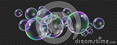 Soap rainbow bubbles realistic isolated black transparent background. Colorful foam soap bubbles with reflections Vector Illustration