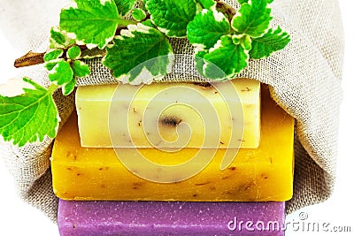 Soap in sack with branch with leaves Stock Photo