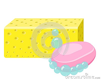 Soap, Sponge And Foam Bubbles. Cleaning supplies. Vector Illustration