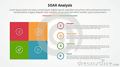 SOAR analysis infographic concept for slide presentation with square box matrix with circle outline stack with 4 point list with Stock Photo