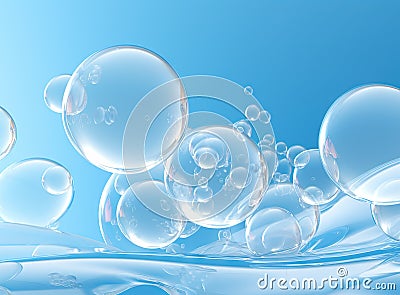 Soaring bubbles on blue background. Abstract soap bubbles floating background. Generated AI. Stock Photo