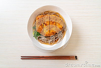 Soba ramen noodle with Japanese fried pork cutlet (tonkatsu Stock Photo