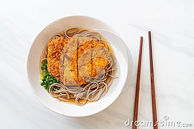 Soba ramen noodle with Japanese fried pork cutlet (tonkatsu Stock Photo