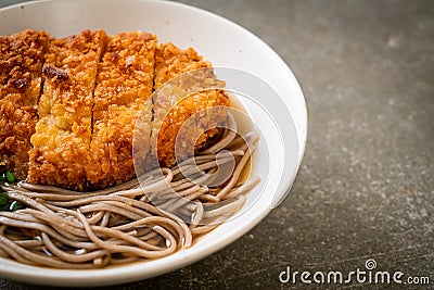 Soba ramen noodle with Japanese fried pork cutlet (tonkatsu Stock Photo