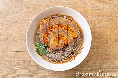 Soba ramen noodle with Japanese fried pork cutlet (tonkatsu Stock Photo