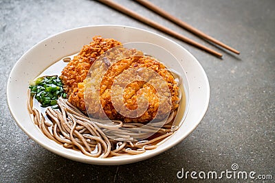 Soba ramen noodle with Japanese fried pork cutlet (tonkatsu Stock Photo