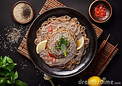 Soba traditional japanese buckwheat noodles with chopsticks.Top view.Macro.AI Generative Stock Photo