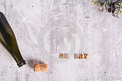 Sober January concept, text, glass, bottle and cork on the table top view Stock Photo