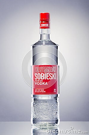 Sobieski premium vodka isolated on gradient background. Editorial Stock Photo