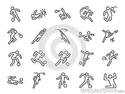 Soccer in actions line icon set. Included icons as football player, goalkeeper, dribble, overhead kick, volley kick, shoot and mor Vector Illustration