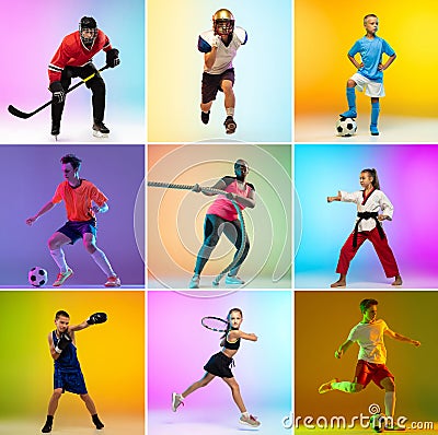 Soccer and american football, hockey, taekwondo, tennis, fitness, boxing. Collage of different little sportsmen in Stock Photo
