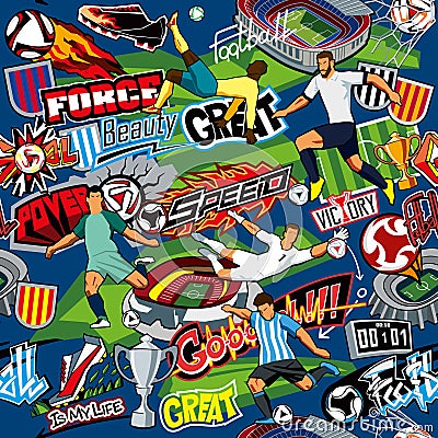 Soccer background. Seamless pattern. Football attributes, football players of different teams, balls, stadiums, graffiti, inscript Vector Illustration