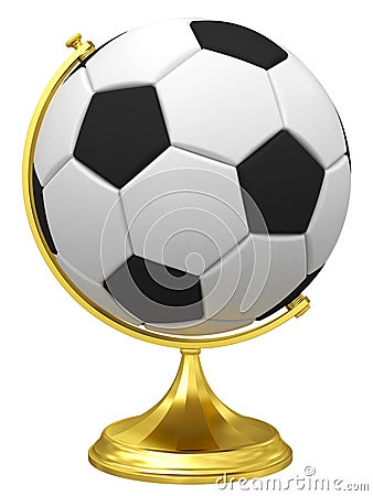 Soccer ball as terrestrial globe on golden stand Stock Photo