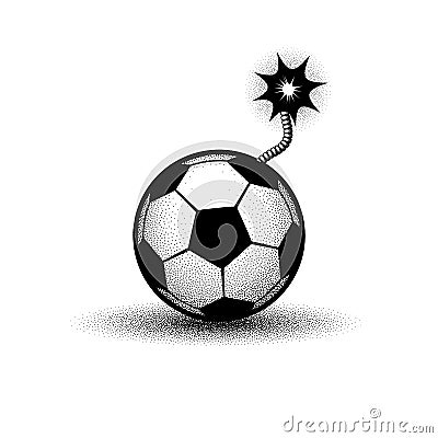 Soccer ball bomb with a burning fuse. Black vector football bomb logo idea with noise texture. Vector Illustration