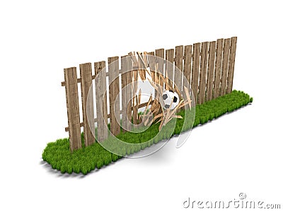 Soccer ball breaking the wooden fence Stock Photo