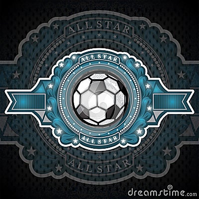 Soccer ball in center of blue banner with gold pattern. Sport logo for any football team or competition all star Vector Illustration