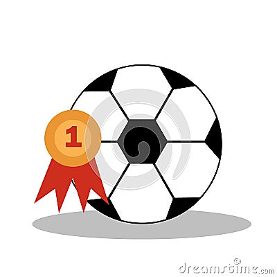 Soccer ball with championship winner medal. Football game attributes for postcard, logo or design. Flat illustration Vector Illustration