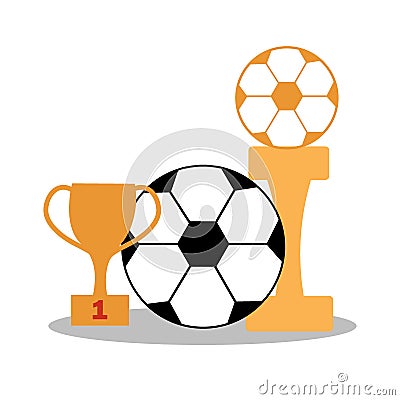 Soccer ball with a cup and a winner statuette. Football game attributes for postcard, logo or design. Flat illustration Vector Illustration