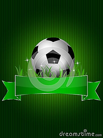 Soccer ball on the dark background with green label Vector Illustration