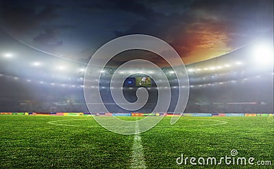 Soccer ball on the field of stadium Stock Photo