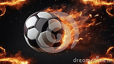 soccer ball in fire A flaming football flying through the air, with a trail of smoke and sparks Stock Photo