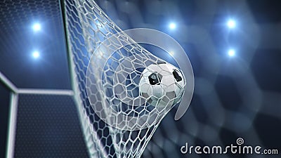 Soccer ball flew into the goal. Soccer ball bends the net, against the background of flashes of light. Soccer ball in Cartoon Illustration