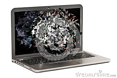 Soccer ball flying through broken monitor of laptop, 3D rendering Stock Photo