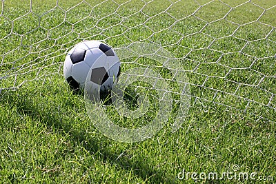 Soccer ball at goal Stock Photo