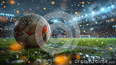 A soccer ball gracefully sits on top of a vibrant green field, waiting for the next thrilling match to begin Stock Photo