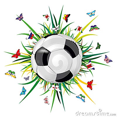 Soccer ball on grass background and butterflies with flags of the countries Vector Illustration