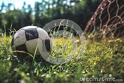 Soccer ball on grassy field against net Stock Photo