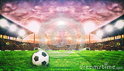 Soccer Ball On Green Field of football stadium for background Stock Photo