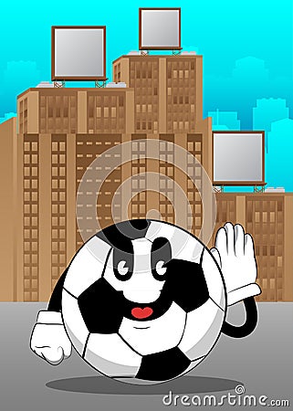 Soccer ball holds hand at his ear, listening. Vector Illustration