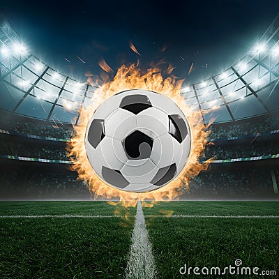 Soccer ball ignited with vigor amidst electrifying stadium ambiance Stock Photo