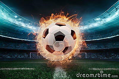 Soccer ball ignited with vigor amidst electrifying stadium ambiance Stock Photo