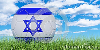 Soccer ball with Israeli flag on the green grass against blue sky, 3D rendering Stock Photo