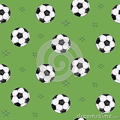 Soccer ball seamless pattern for background, web, style elements. Green background. Hand drawn sketch. Sport vector Vector Illustration