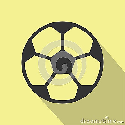 Soccer ball flat icon vector logo design template.Black on yellow, long shadow Cartoon Illustration