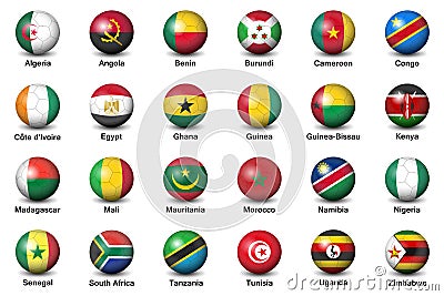 Soccer balls flags countries final tournament 2019 Africa Cup football Vector Illustration