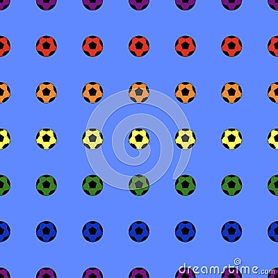 Soccer balls in rainbow colors on a blue background. Seamless pattern. Funny Football wallpaper Stock Photo