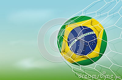 Soccer Brazil ball in goal net with blue sky. Stock Photo