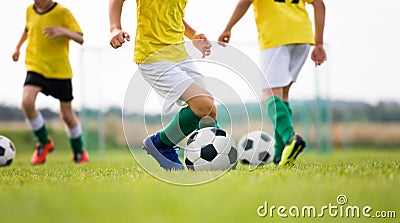 Soccer camp for kids. Boys practice dribbling in a field. Players develop good soccer dribbling skills Stock Photo