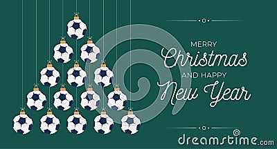 Soccer Christmas and new year greeting card bauble tree. Creative Xmas tree made by football ball on black background for Vector Illustration