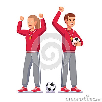 Soccer coaches raising hands and cheering players Vector Illustration